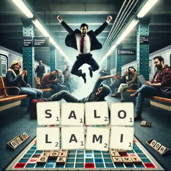 Kreatywna ilustracja do gry w Scrabble ze słowem SALOLAMI ułożonym z płytek na planszy.