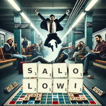 Kreatywna ilustracja do gry w Scrabble ze słowem SALOLOWI ułożonym z płytek na planszy.