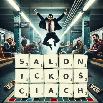 Kreatywna ilustracja do gry w Scrabble ze słowem SALONICKOŚCIACH ułożonym z płytek na planszy.