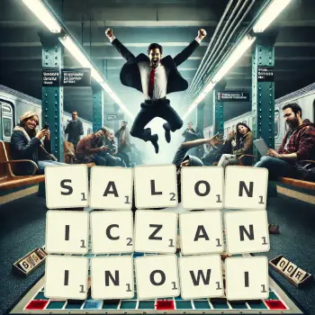 Kreatywna ilustracja do gry w Scrabble ze słowem SALONICZANINOWI ułożonym z płytek na planszy.