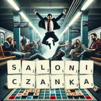 Kreatywna ilustracja do gry w Scrabble ze słowem SALONICZANKA ułożonym z płytek na planszy.