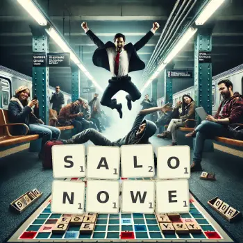 Kreatywna ilustracja do gry w Scrabble ze słowem SALONOWE ułożonym z płytek na planszy.