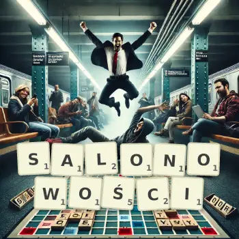 Kreatywna ilustracja do gry w Scrabble ze słowem SALONOWOŚCI ułożonym z płytek na planszy.