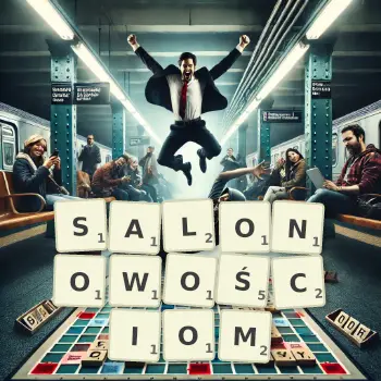 Kreatywna ilustracja do gry w Scrabble ze słowem SALONOWOŚCIOM ułożonym z płytek na planszy.