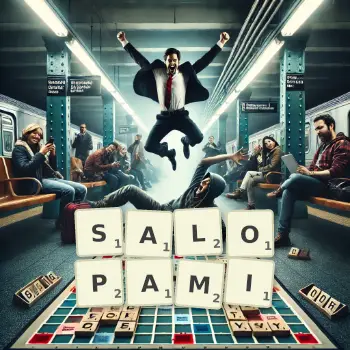 Kreatywna ilustracja do gry w Scrabble ze słowem SALOPAMI ułożonym z płytek na planszy.