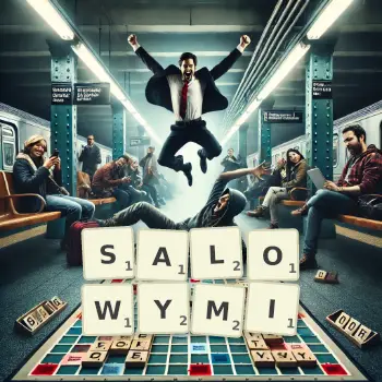 Kreatywna ilustracja do gry w Scrabble ze słowem SALOWYMI ułożonym z płytek na planszy.