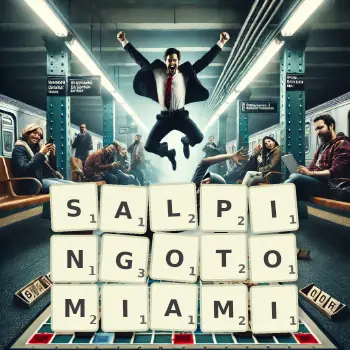 Kreatywna ilustracja do gry w Scrabble ze słowem SALPINGOTOMIAMI ułożonym z płytek na planszy.