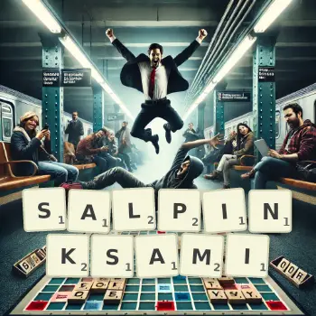 Kreatywna ilustracja do gry w Scrabble ze słowem SALPINKSAMI ułożonym z płytek na planszy.