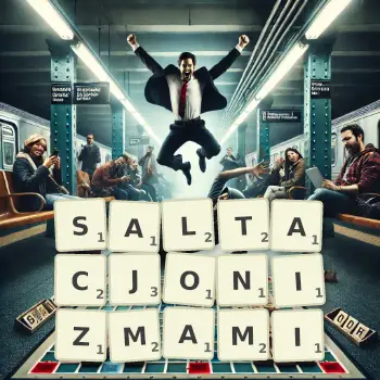 Kreatywna ilustracja do gry w Scrabble ze słowem SALTACJONIZMAMI ułożonym z płytek na planszy.