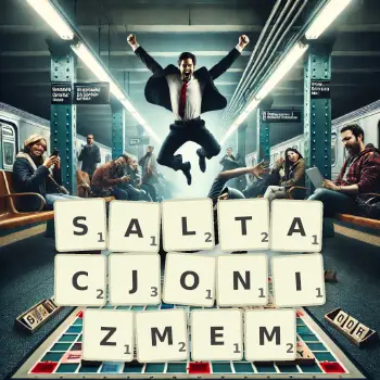 Kreatywna ilustracja do gry w Scrabble ze słowem SALTACJONIZMEM ułożonym z płytek na planszy.