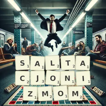 Kreatywna ilustracja do gry w Scrabble ze słowem SALTACJONIZMOM ułożonym z płytek na planszy.