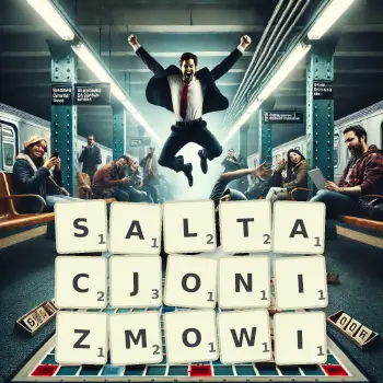 Kreatywna ilustracja do gry w Scrabble ze słowem SALTACJONIZMOWI ułożonym z płytek na planszy.