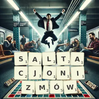 Kreatywna ilustracja do gry w Scrabble ze słowem SALTACJONIZMÓW ułożonym z płytek na planszy.