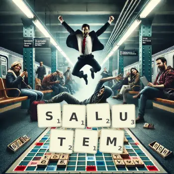 Kreatywna ilustracja do gry w Scrabble ze słowem SALUTEM ułożonym z płytek na planszy.