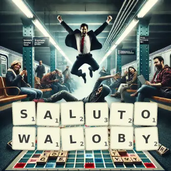 Kreatywna ilustracja do gry w Scrabble ze słowem SALUTOWALOBY ułożonym z płytek na planszy.