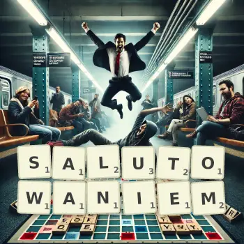 Kreatywna ilustracja do gry w Scrabble ze słowem SALUTOWANIEM ułożonym z płytek na planszy.