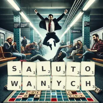Kreatywna ilustracja do gry w Scrabble ze słowem SALUTOWANYCH ułożonym z płytek na planszy.