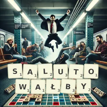 Kreatywna ilustracja do gry w Scrabble ze słowem SALUTOWAŁBY ułożonym z płytek na planszy.