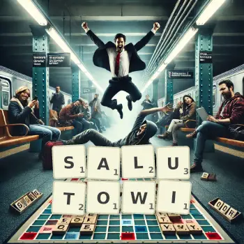 Kreatywna ilustracja do gry w Scrabble ze słowem SALUTOWI ułożonym z płytek na planszy.