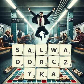 Kreatywna ilustracja do gry w Scrabble ze słowem SALWADORCZYKA ułożonym z płytek na planszy.