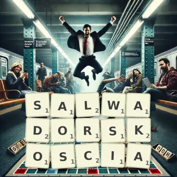 Kreatywna ilustracja do gry w Scrabble ze słowem SALWADORSKOSCIA ułożonym z płytek na planszy.