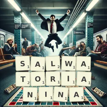 Kreatywna ilustracja do gry w Scrabble ze słowem SALWATORIANINA ułożonym z płytek na planszy.