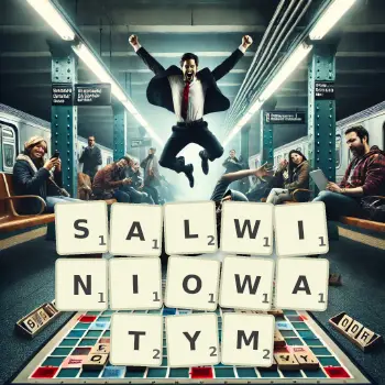 Kreatywna ilustracja do gry w Scrabble ze słowem SALWINIOWATYM ułożonym z płytek na planszy.