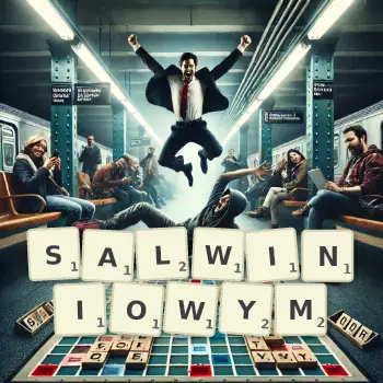 Kreatywna ilustracja do gry w Scrabble ze słowem SALWINIOWYM ułożonym z płytek na planszy.