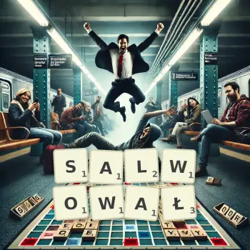 Kreatywna ilustracja do gry w Scrabble ze słowem SALWOWAŁ ułożonym z płytek na planszy.