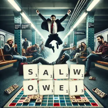 Kreatywna ilustracja do gry w Scrabble ze słowem SALWOWEJ ułożonym z płytek na planszy.