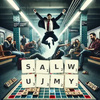 Kreatywna ilustracja do gry w Scrabble ze słowem SALWUJMY ułożonym z płytek na planszy.