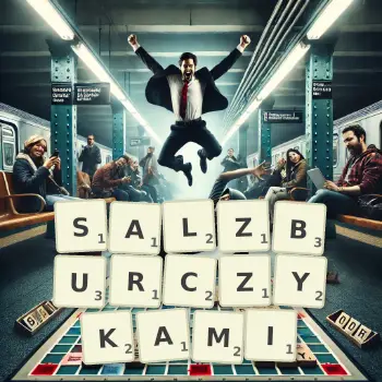Kreatywna ilustracja do gry w Scrabble ze słowem SALZBURCZYKAMI ułożonym z płytek na planszy.