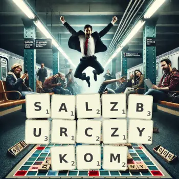 Kreatywna ilustracja do gry w Scrabble ze słowem SALZBURCZYKOM ułożonym z płytek na planszy.