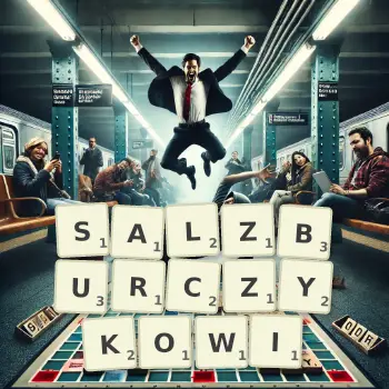 Kreatywna ilustracja do gry w Scrabble ze słowem SALZBURCZYKOWI ułożonym z płytek na planszy.