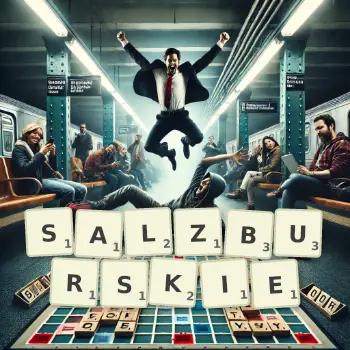 Kreatywna ilustracja do gry w Scrabble ze słowem SALZBURSKIE ułożonym z płytek na planszy.