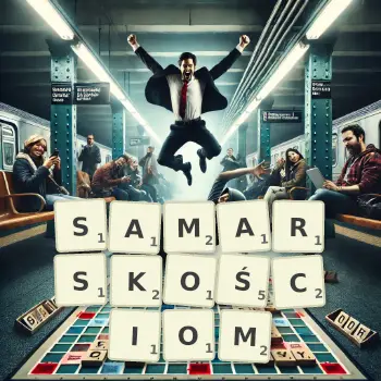 Kreatywna ilustracja do gry w Scrabble ze słowem SAMARSKOŚCIOM ułożonym z płytek na planszy.