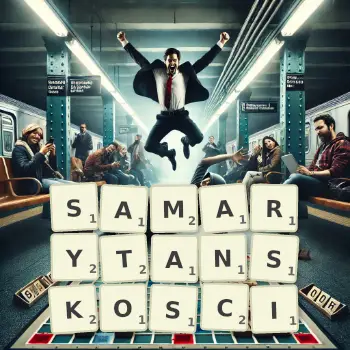 Kreatywna ilustracja do gry w Scrabble ze słowem SAMARYTANSKOSCI ułożonym z płytek na planszy.