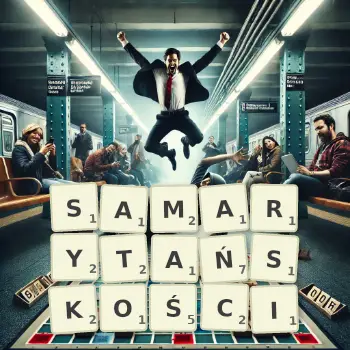 Kreatywna ilustracja do gry w Scrabble ze słowem SAMARYTAŃSKOŚCI ułożonym z płytek na planszy.