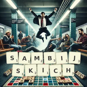 Kreatywna ilustracja do gry w Scrabble ze słowem SAMBIJSKICH ułożonym z płytek na planszy.