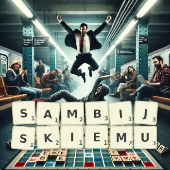 Kreatywna ilustracja do gry w Scrabble ze słowem SAMBIJSKIEMU ułożonym z płytek na planszy.