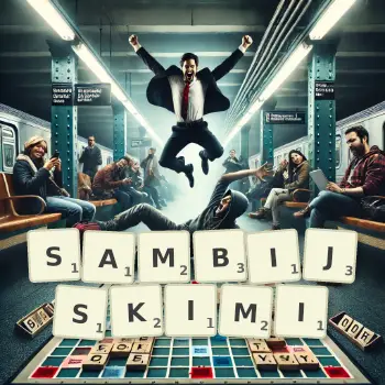 Kreatywna ilustracja do gry w Scrabble ze słowem SAMBIJSKIMI ułożonym z płytek na planszy.