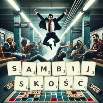 Kreatywna ilustracja do gry w Scrabble ze słowem SAMBIJSKOŚĆ ułożonym z płytek na planszy.