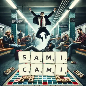 Kreatywna ilustracja do gry w Scrabble ze słowem SAMICAMI ułożonym z płytek na planszy.