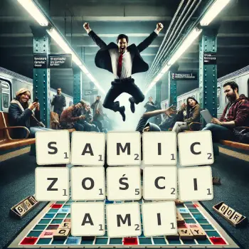 Kreatywna ilustracja do gry w Scrabble ze słowem SAMICZOŚCIAMI ułożonym z płytek na planszy.