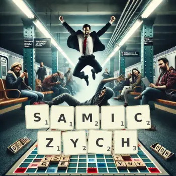 Kreatywna ilustracja do gry w Scrabble ze słowem SAMICZYCH ułożonym z płytek na planszy.