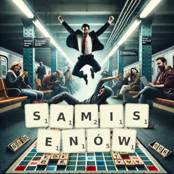 Kreatywna ilustracja do gry w Scrabble ze słowem SAMISENÓW ułożonym z płytek na planszy.