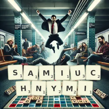 Kreatywna ilustracja do gry w Scrabble ze słowem SAMIUCHNYMI ułożonym z płytek na planszy.