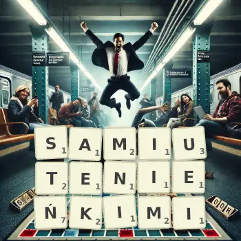 Kreatywna ilustracja do gry w Scrabble ze słowem SAMIUTENIEŃKIMI ułożonym z płytek na planszy.