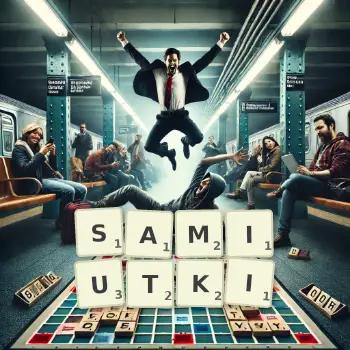 Kreatywna ilustracja do gry w Scrabble ze słowem SAMIUTKI ułożonym z płytek na planszy.