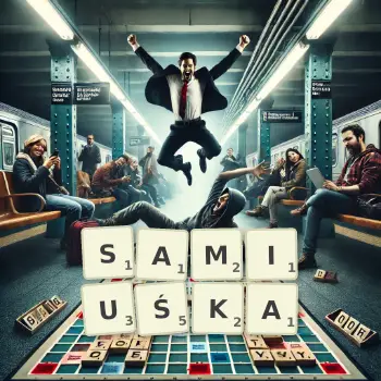 Kreatywna ilustracja do gry w Scrabble ze słowem SAMIUŚKA ułożonym z płytek na planszy.